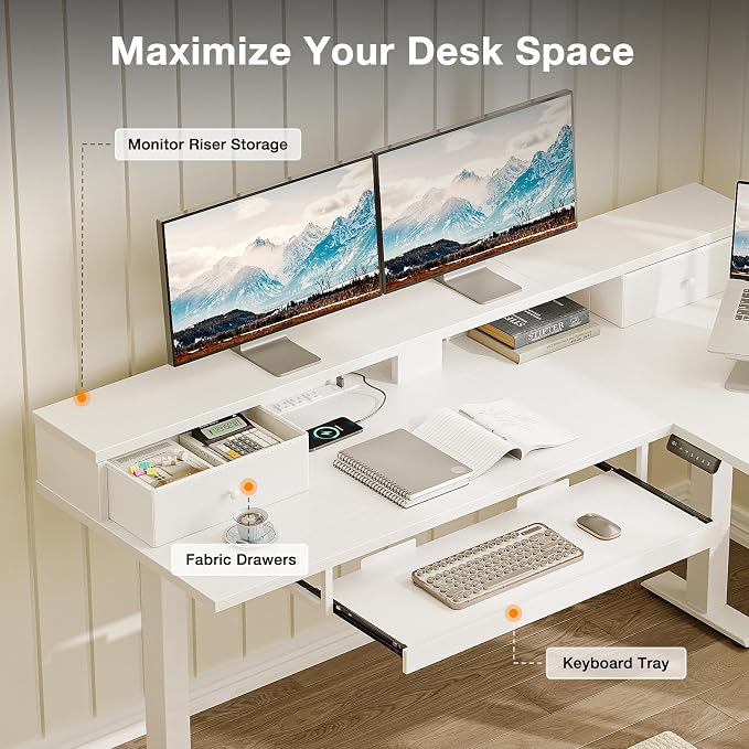 Casaottima 59" L Shaped Electric Standing Desk with Drawers, White | Monitor Stand, Keyboard Tray, Fabric Drawer, Power Outlets, Height Adjustable Corner Stand Up Desk for Organized Home Office