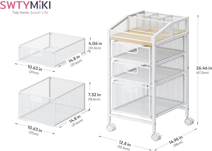 SWTYMIKI Rolling Utility Cart with Drawers - Under Desk Storage Cart with DIY Divider & Lockable Wheels, Multi-Functional Craft Art Supply Organizer for Office, Vanity, Craft Room & Studio White