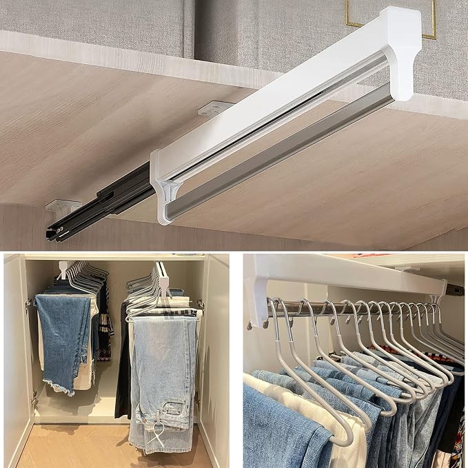 Pull Out Closet Valet Rod, Adjustable Sliding Heavy Duty Steel Top Mounted Clothes Storage Hanger Rail for Closet Wardrobe (447mm/17.6inch)