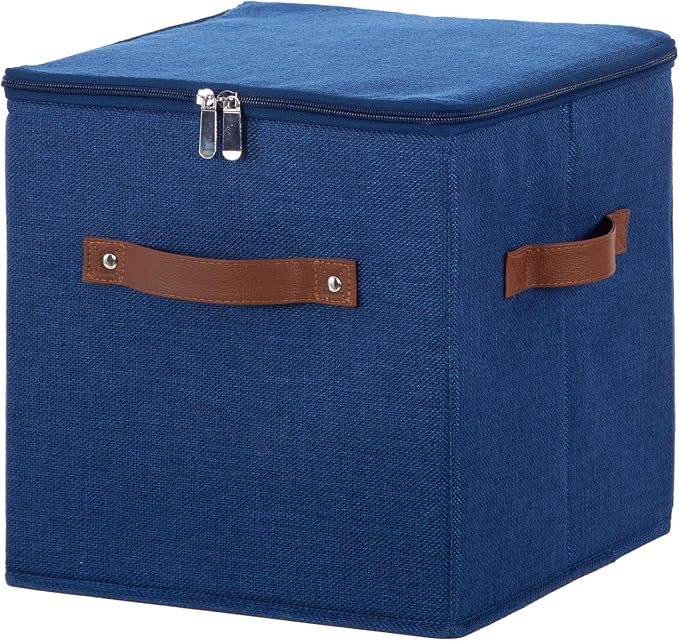 11inch Storage Boxes Cubes with Zipper Lid Collapsible Fabric Lidded Storage Bins Baskets PU Leather Handle Cotton Linen Decorative Shelf Closet Organizer Container (Blue, 1PCS)