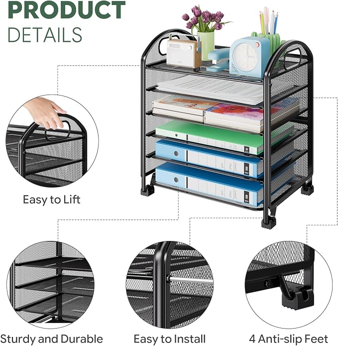 Simple Trending 6-Tier Letter Tray Organizer, Metal Mesh File Holder, Black | Fits Standard Letter-size Papers | Sturdy Metal Mesh | Non-Slip Feet | Easy-grip Handle | Black for Office Home School