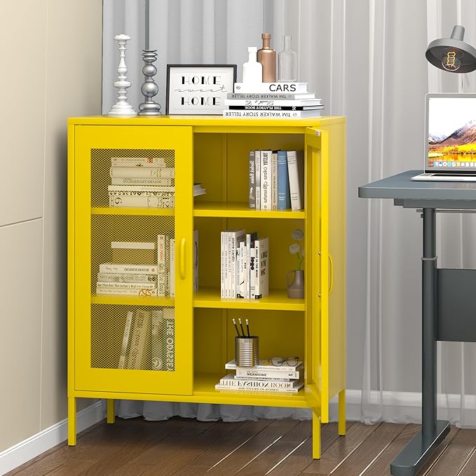 Ustamio Yellow Metal Storage Cabinet with Mesh Doors, Office Metal Locker Cabinet, Metal Display Cabinet with 2 Adjustable Shelves for Home, Office, Kitchen