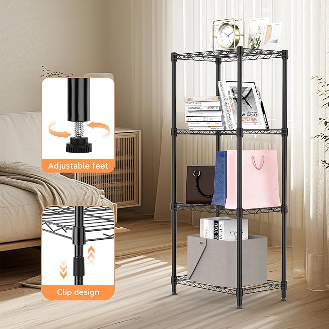 M MZG 4 Tiers Shelf Metal Storage Shelves Wire Rack Closet Organizers for Garage Kitchen Bathroom Laundry Black 11.8" D x 17.7" W x 41.9" H