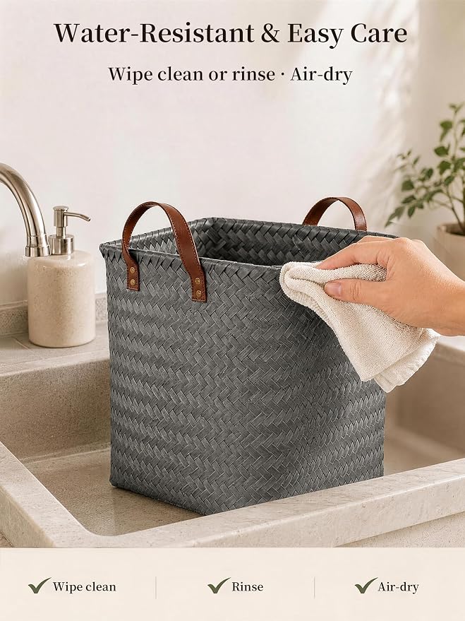 Hand Woven Baskets for Storage, 4Pcs Water-Resistant Wicker Baskets, Grey Wicker Storage Baskets for Shelves, Large Basket with Handle for Organizing, Clothes, Laundry, Blanket - Square