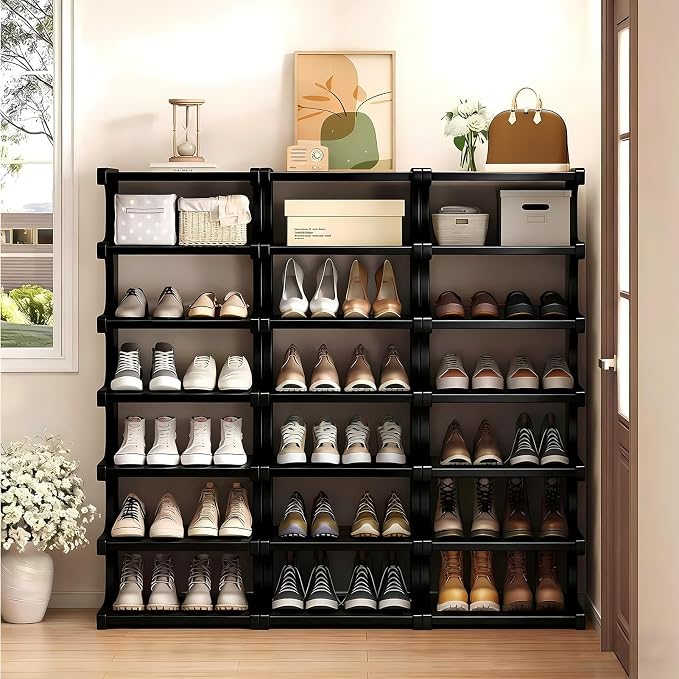 7-Tier Bamboo Shoe Rack, Vertical Narrow Shoe Rack for Small Space, Free Standing Shoe Rack for Entryway, Vertical Shoe Organizer Tower for Narrow Closet, Hallway