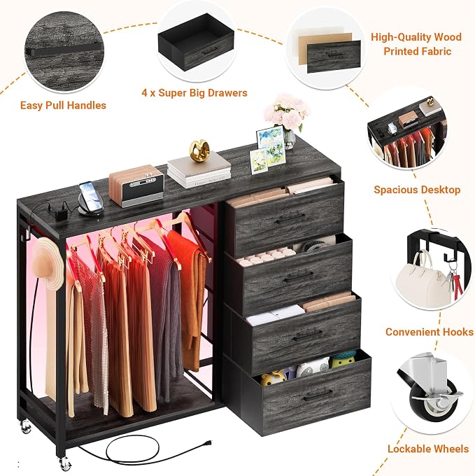 Cyclysio Storage Clothes Rack with 4 Drawers, Garment Rack with Charging Station & LED Lights, Fabric Chest Shelves Clothing Rack, Wooden Portable Wardrobe Closet