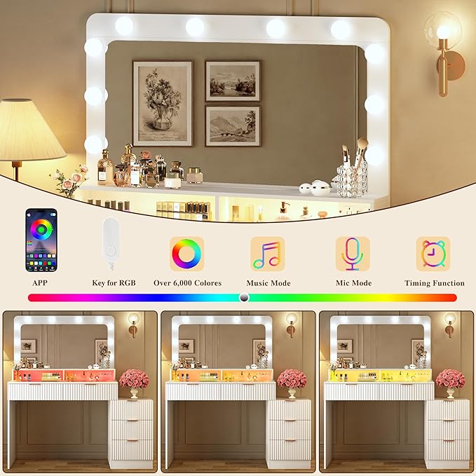 HUAHUU Fluted Vanity Desk with Mirror and Lights, Makeup Vanity Desk with Glass Top, Nightstand & Fluted Panel Design, 5 Drawers, 3 Colors Lighting Adjustable Brightness, Power Outlet, White