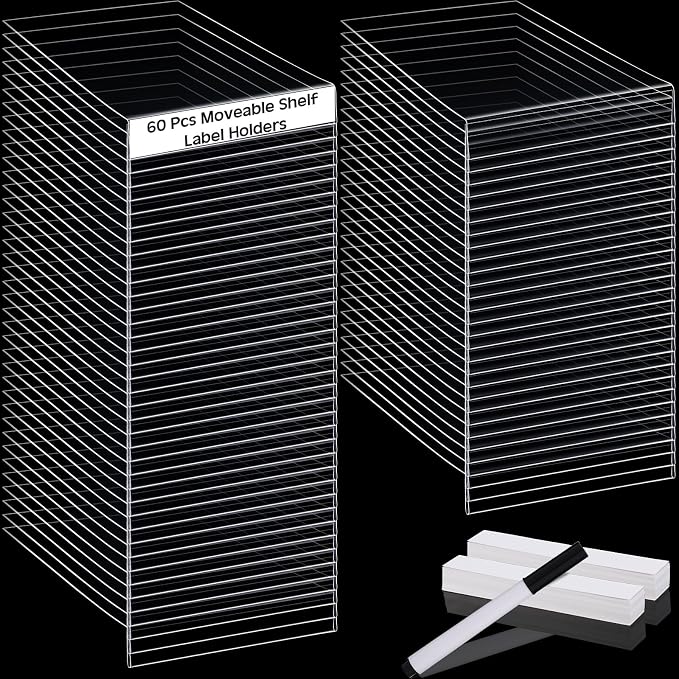 Containlol 60 Sets Moveable Shelf Label Display Holders with Label Inserts and Marker Clear Shelves Tag Plastic Shelf Markers Teachers Gift for Classroom Office Book Shelves (5.1 x 0.8 Inch)