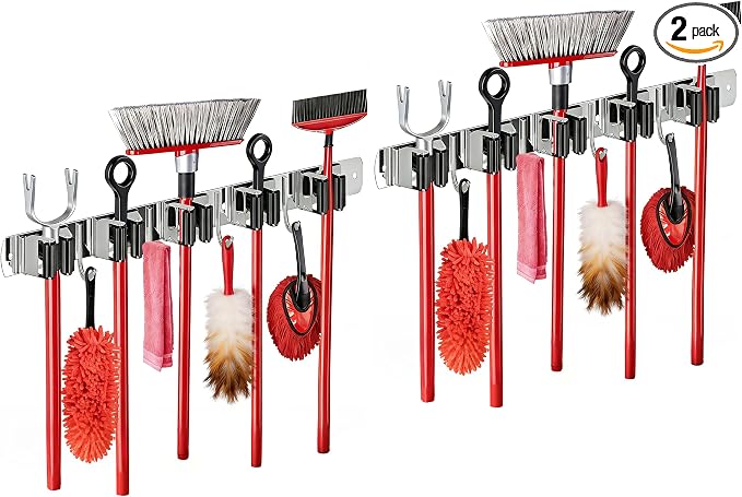 2 Packs 5 Racks and 4 Hooks Mop and Broom Holder Wall Mount | SUS304 Heavy Duty Self Adhesive Solid Non-slip Broom Organizer Storage Tool Racks, for Home Kitchen Garden Laundry Garage