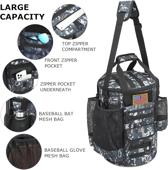 Baseball Bucket Bag 6 Gallon Tactical Softball Coaches Bag with Padded Seat | Baseball Bucket Cover Organizer for Training Equipment, Balls, Bat, Gloves, Scoreboards, with Shoulder Strap