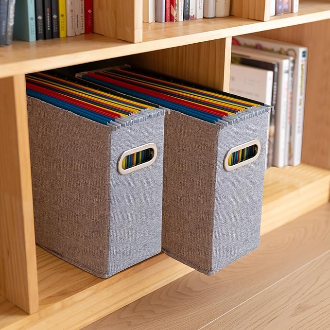 4 Pack Letter Size File Storage Box Collapsible, Fabric Hanging File Folders Organizer, Portable Office Document Holder with Metal Handle, Smooth PVC Rails, Gray