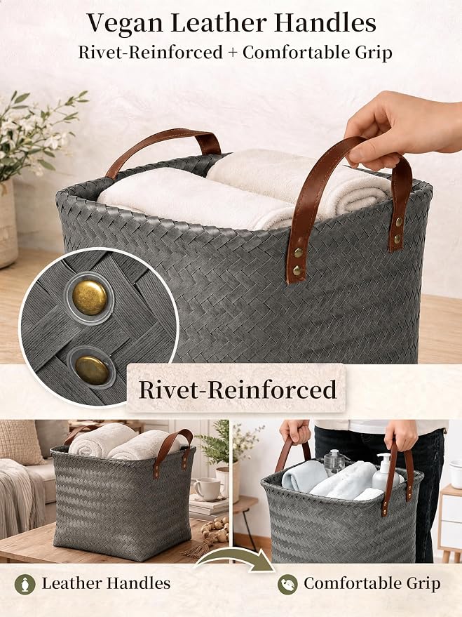 Hand Woven Baskets for Storage, 4Pcs Water-Resistant Wicker Baskets, Grey Wicker Storage Baskets for Shelves, Large Basket with Handle for Organizing, Clothes, Laundry, Blanket - Square