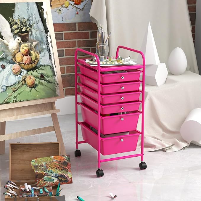 GOFLAME 6-Drawer Rolling Storage Cart, Multifunctional Art Craft Organizer, Mobile Utility Storage with Removable Drawers & Lockable Wheels, Craft Cart for Home Office, Hot Pink