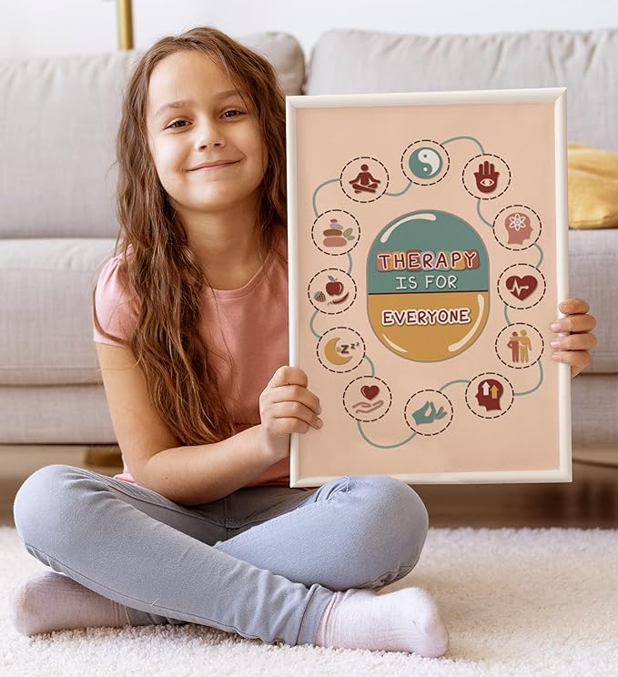 LOLUIS Mental Health Poster, Boho Therapy Tools Educational Supplies Art Print Classroom School Office Decor (Therapy is For Everyone, Custom Frame Type)