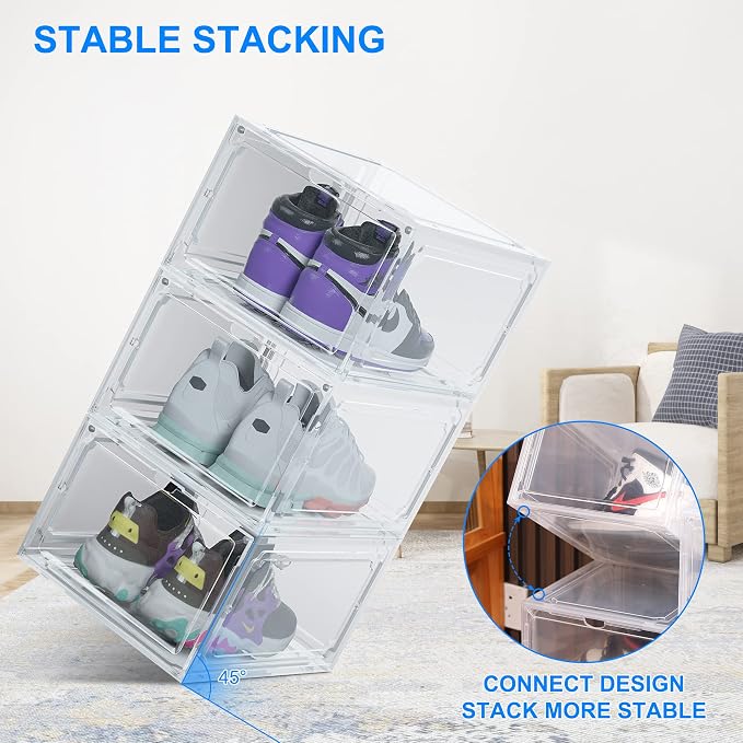 HIYOHIYO 1-Pack Clear Plastic Stackable Shoe Box Organizer, Fit US Size 14 | Sneaker Containers Magnetic Shoes Storage Box Foldable Drop Front Organizer Cases for Home Display Bins