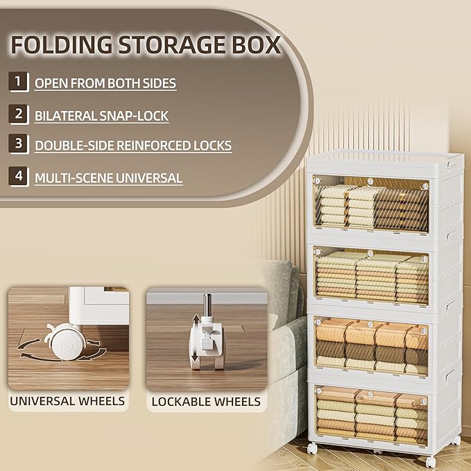 240 QT / 65 Gal Heavy-Duty Foldable Storage Cabinet - Dual Transparent Doors, 360° Industrial Wheels, Tool/Equipment Warehouse Storage