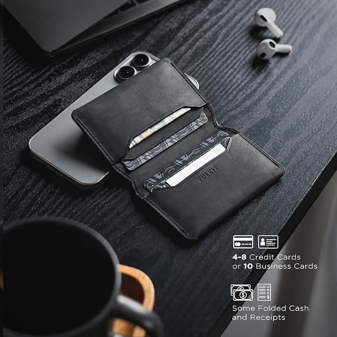 VULKIT Slim Minimalist Card Holder RFID Blocking Leather Credit Card Holder Front Pocket Wallet Magnetic Closure, Handcrafted Cowhide Version