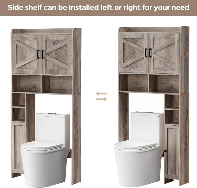Homhedy Wooden Over The Toilet Storage Cabinet with Barn Door | Freestanding Bathroom Storage, Toilet Paper Holder, Adjustable Shelf,Space-Saving, Farmhouse Style, Greige