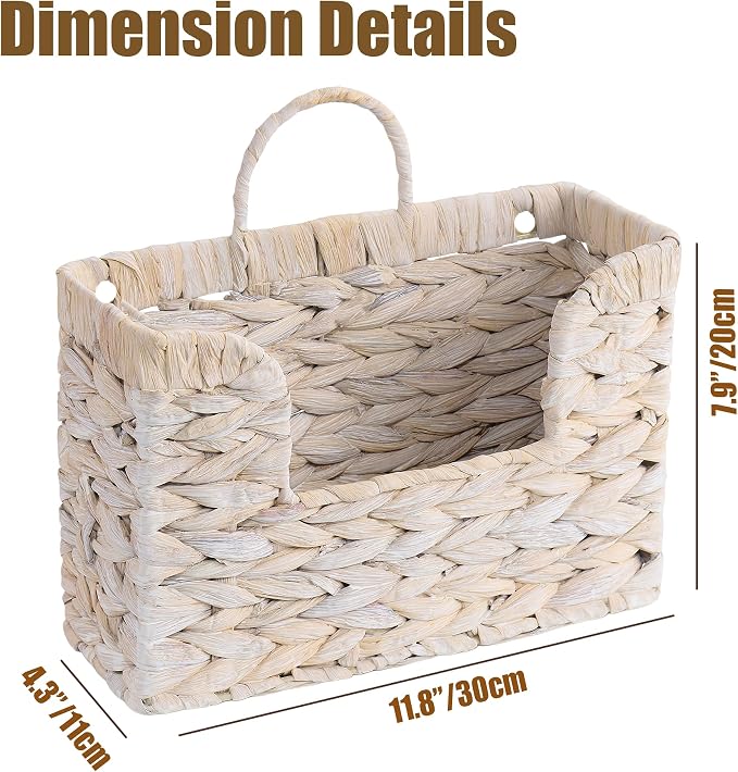 PINXIURY Magazine Holder Wall Basket Water Hyacinth Woven Mail Organizer, Wicker Wall Hanging Baskets for Magazines, Letters & Storage Decorative Mail Holder, Magazine Rack, Hanging Basket, Whitewash