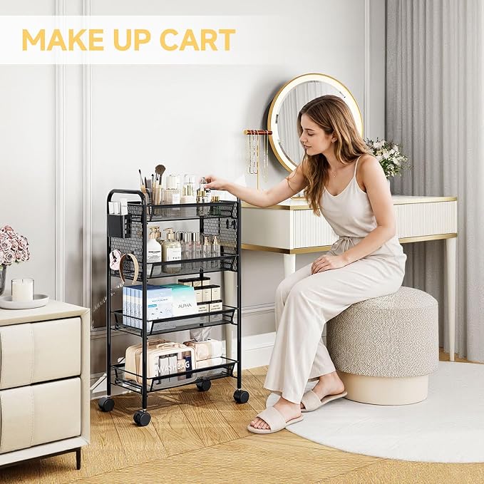 4 Tier Metal Rolling Utility Cart - Heavy Duty Storage Trolley with Pegboard, 4 Hooks & 1 Bin, Mobile Organizer Shelves for Bathroom Kitchen Office Craft Room Laundry, Black