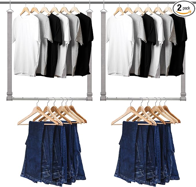 Hanging Closet Rod, 17-28In Width and Up to 32In Height Closet Extender, Double Hanging Bar with Powder-Coated Metal Pole and Adjustable Webbing, Space-Saving Tension Organizer, 2 Pack
