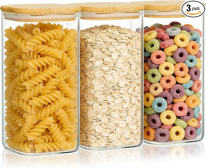 KEYWING 50oz Glass Storage Containers with Airtight Lids for Pantry, 3 Pack | Square Glass Jars with Bamboo Lids, Pantry Storage Canister for Flour, Sugar, Cereal, Coffee Beans, Pasta, Cookies & Tea