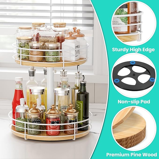 Two Tier Lazy Susan Organizer Turntable, 12 Inch, White | Height Adjustable, Rotating Spice Rack, Wood Construction, For Cabinet Dining Table Kitchen Bathroom Countertop