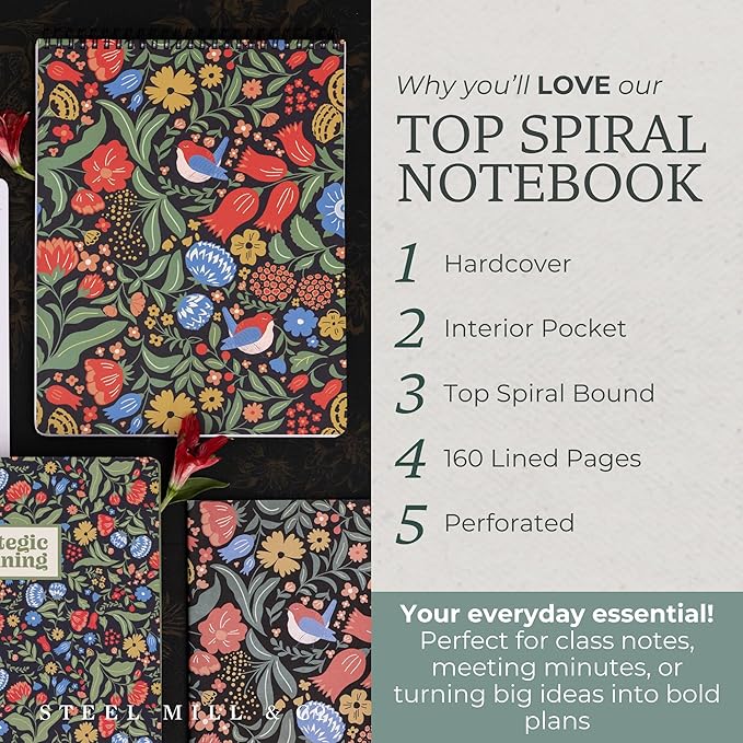 Steel Mill & Co Large Top Spiral Notebook College Ruled, 11" x 8.5" with Artist-Designed Cover and 160 Lined Pages, Wanderlust Black