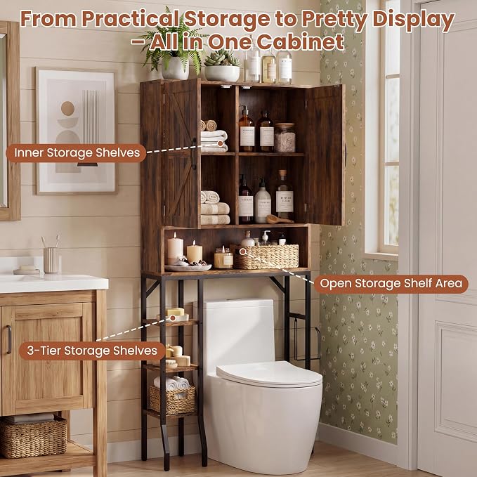 31" Over The Toilet Storage Cabinet with Barn Door,Bathroom Organizers and Storage with Adjustable Shelves, Farmhouse Over Toilet Organizer for Bathroom,Restroom,Laundry,Brown