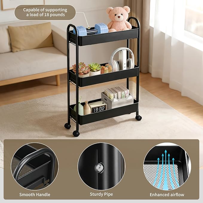 Slim Rolling Cart, Metal Frame Utility Rolling 3-Tier Narrow Storage Cart with Handle Kitchen Storage Organizer, Mobile Shelving Unit for Bathroom Kitchen