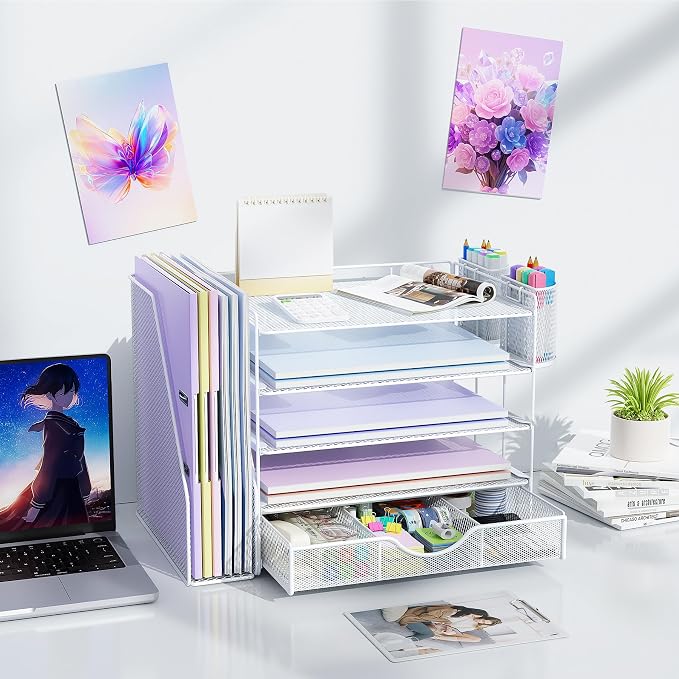 gianotter 5-Tier Desk Organizer with Drawers, File Holders, Letter Trays and Pen Holders - Workspace Accessories for Office Supplies (White)