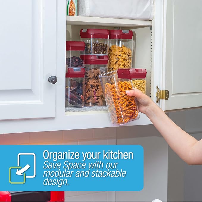 Set of 7 Airtight Food Storage Containers - Pantry Organizer Bins, BPA Free Plastic Containers plus Dry Erase Marker and Labels, Red