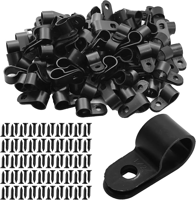 100Pcs R-Type Cable Clips 1/2" Black Nylon Plastic Wire Clamps with Mounting Screws, Cord Fastener Cable Management Organizer for Home Office Electrical Installation