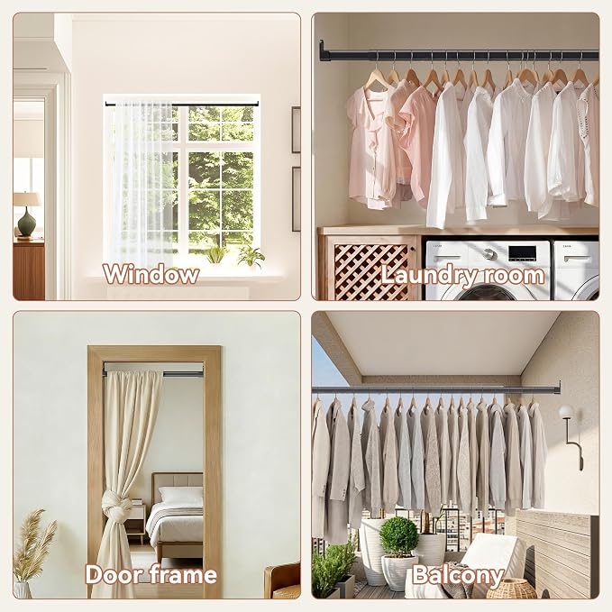 Oval Closet Rod 18-100 Inch Adjustable Closet Rods for Hanging Clothes Heavy Duty Black Poles Bar with End Supports Rust Proof Wardrobe Rod for Laundry Room RV