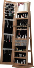62" 360° Swivel Freestanding Storage Chest, Jewelry Cabinets with Interior Light, Utility Organizer with Lockable Design for Home Dressing, Walnut
