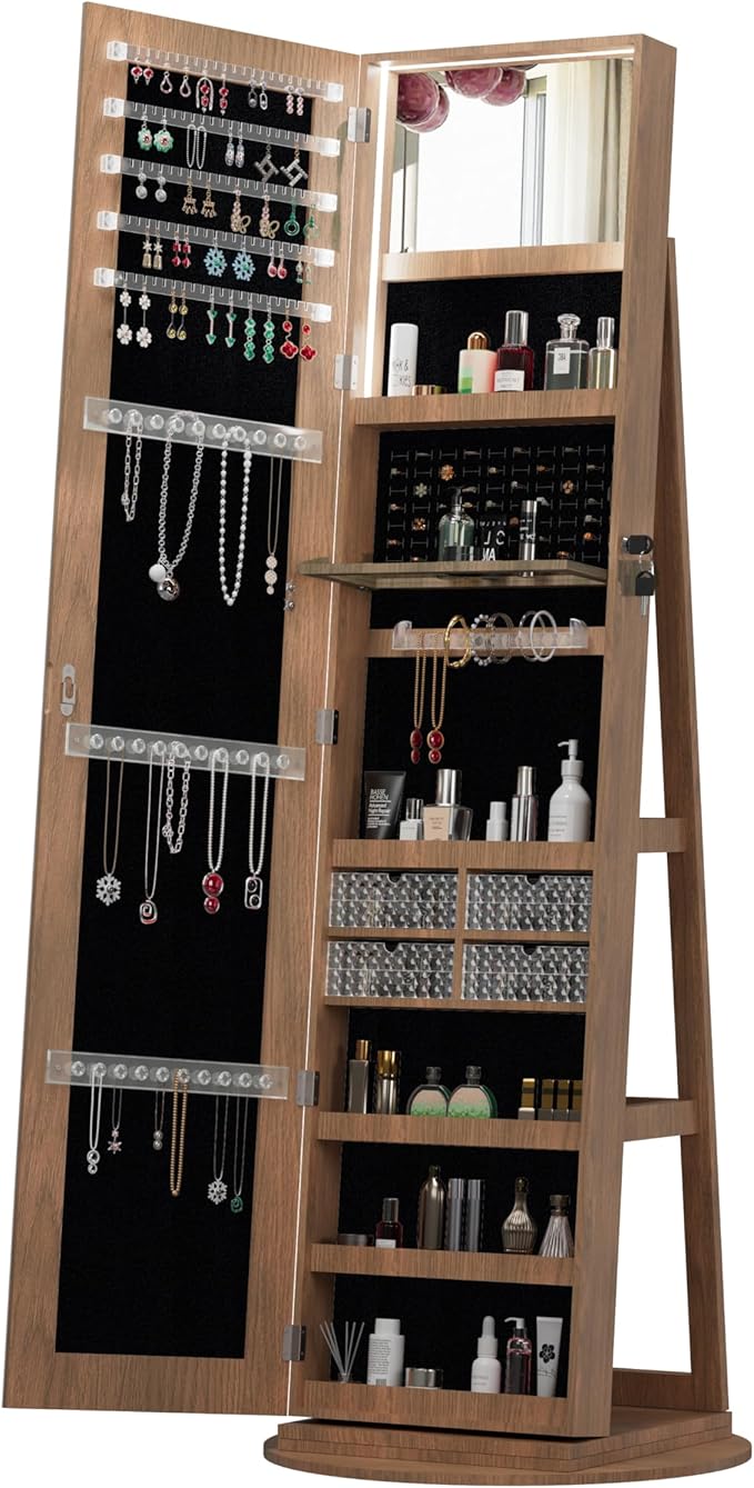 62" 360° Swivel Freestanding Storage Chest, Jewelry Cabinets with Interior Light, Utility Organizer with Lockable Design for Home Dressing, Walnut