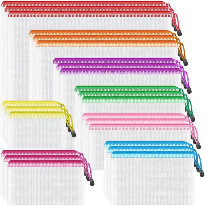 Smarpau 24pcs Mesh Zipper Pouch, 8 Sizes 8 Colors Plastic Zipper Bags for Organizing, Multipurpose Waterproof Document Pouches for Office, Travel, Home Board Game Storage