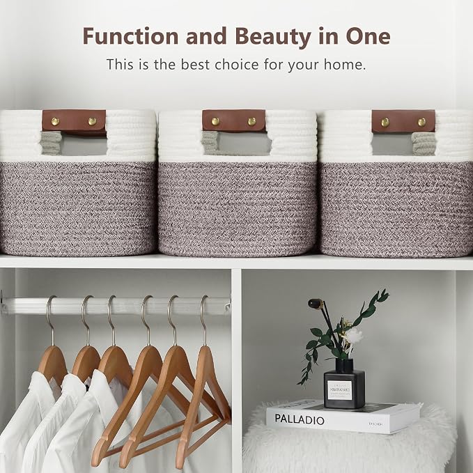 ECDYQXVU 15x10x9 Woven Cotton Rope Storage Basket, Leather Handles 2 Pack | Foldable Design, Sturdy PU Handles, Easy to Clean Organizer for Living Room, Closet, Shelves, Bedroom, Laundry, Clothes
