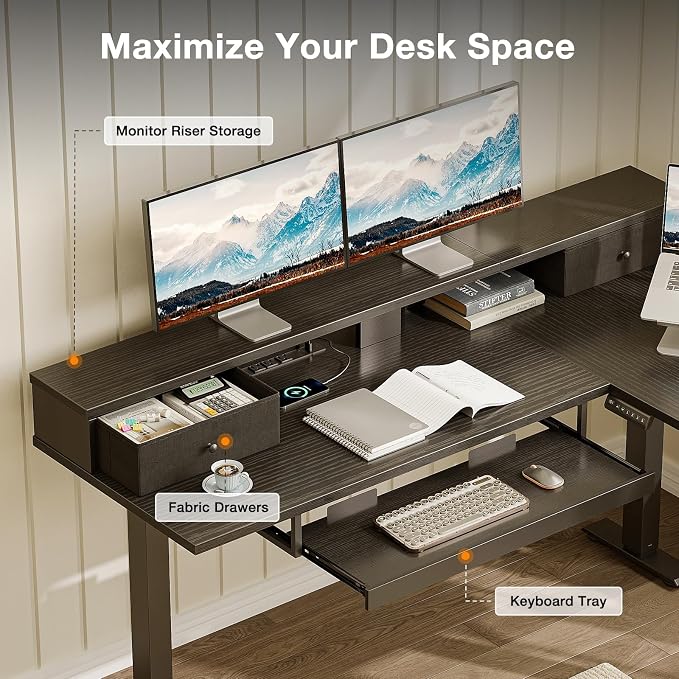 Casaottima 59" L Shaped Electric Standing Desk with Drawers, Black | Monitor Stand, Keyboard Tray, Fabric Drawer, Power Outlets, Height Adjustable Corner Stand Up Desk for Organized Home Office