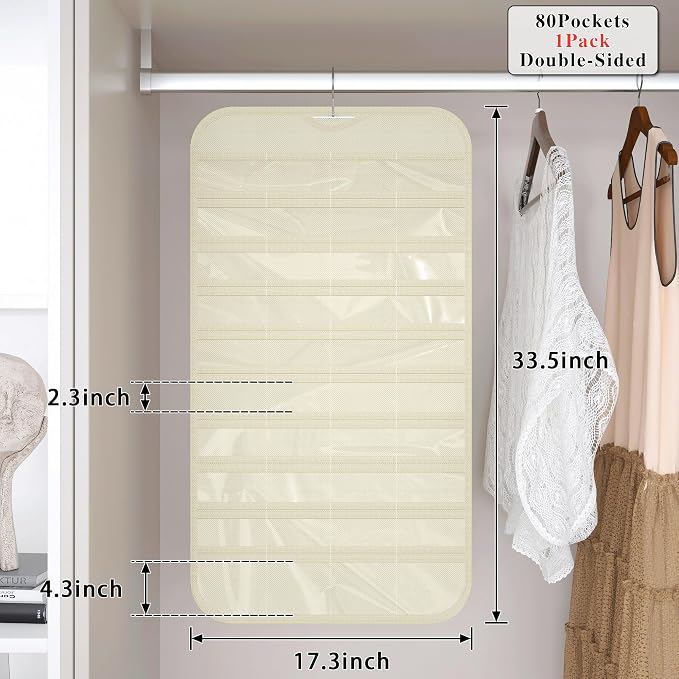 Hanging Jewelry Organizer 80-Pocket Double-Sided Storage, 1-Pack, Beige