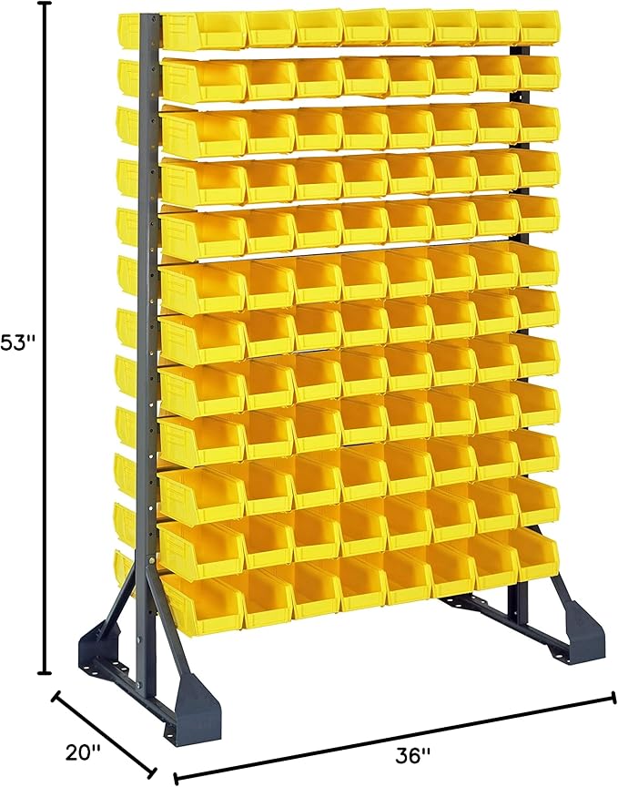 QUANTUM STORAGE SYSTEMS QRU-12D-220-192YL Solid Double Sided Rail Bins Racks 12 Shelves 192 Ultra Stack & Hang Yellow Bins 53" H x 36" W x 20" D