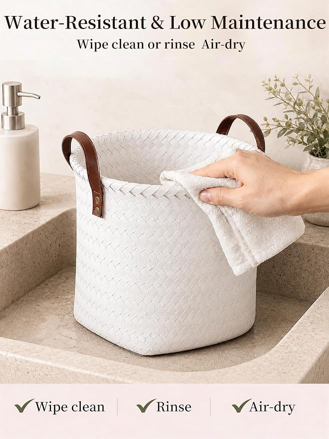 Hand Woven Baskets for Storage, 4Pcs Water-Resistant Wicker Baskets, White Wicker Storage Baskets for Shelves, Large Basket with Handle for Organizing, Closet, Laundry, Blanket - Round