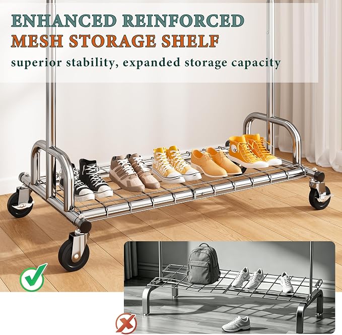 Raybee Heavy Duty Clothes Rack, 530LBS Capacity, Space-Saving Storage | 75"W Extendable Rod, Height Adjustable, Bottom Shelf, 360° Lockable Wheels, Collapsible Design, 5-Minute Tool-free Assembly