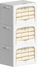 FHSQX 3 Pack Clothes Storage Bins with Metal Frame | Cream White, 23.6x16.5x15.7inch,Foldable, Stackable Linen Fabric, Carrying Handles, Clear Window