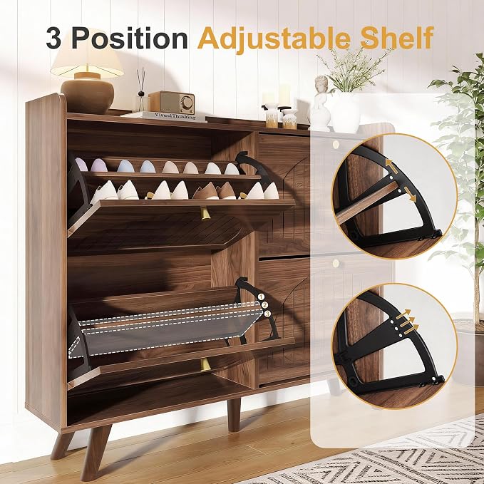 Decofy 47.2” Shoe Cabinet with 4 flip-Down Drawers, Three Adjustable Levels, freestanding Wooden Shoe Rack, Suitable for entryway, Hallway, and Living Room (Walnut)