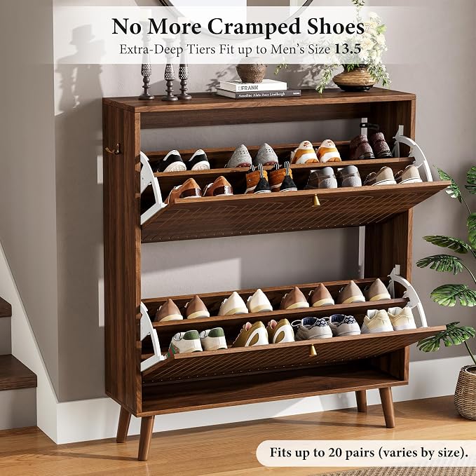 Nicetree Mid-Century Modern Slim Shoe Cabinet for Entryway, 9.5" Narrow Shoe Storage Cabinet with Architectural Arched Fluted Front, Entryway Shoe Storage with Adjustable Shelves,Classic Walnut