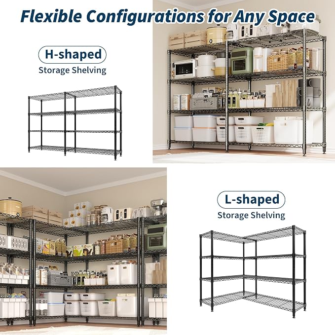 GarveeHome 70.8" W Storage Shelves Metal Shelving Unit, 1060 LBS Heavy Duty Wire Shelving 4-Tier L-Shaped Storage Rack with Adjustable Shelf for Pantry Kitchen Corner Bedroom