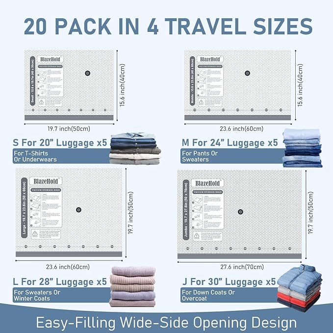Travel Vacuum Storage Bags with Rechargeable Cordless Pump, 20 Pack 4 Sizes Compression Packing Bag Set for Luggage, Thickened Vacuum Seal Bags for Clothing, Triple-Zipper Sealer Upgrade