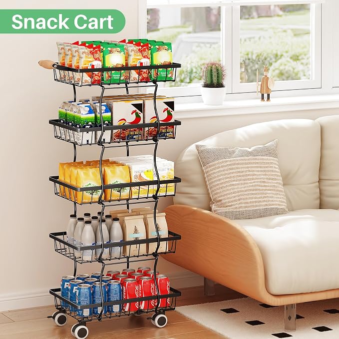 SAYZH Fruit Basket Kitchen Pantry Organizers and Storage - 5 Tier Stackable Metal Wire Basket Stand for Fruit Vegetable Snacks Jars Bins Containers Organization, (Black, 5 Tiers)