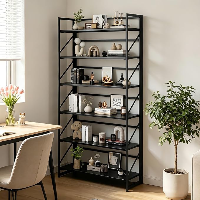 JSB 6 Tier No Assembly Folding Bookshelf, 30.7" Wide Foldable Storage Bookcase for Home Office, Space-Saving Storage Shelf for Living Room (Black)